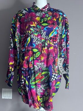 Puzzle Vibrant Bold Floral Chest Pocket Beaded Button-Down Shirt Sz 22